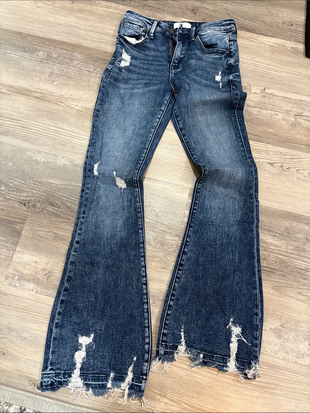 High-Rise Dark Blue Distressed Flare Jeans for Women